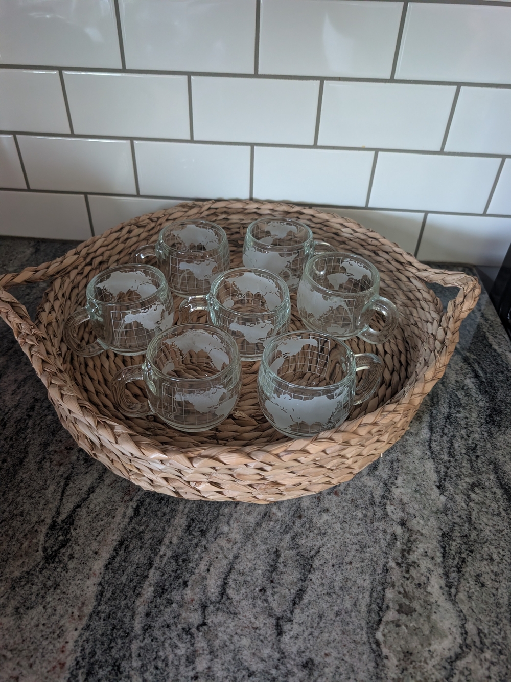 Glass Globe Mug Set in Clear with White Etched Map